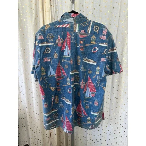 Reyn Spooner Hawaiian Aloha Button Down Unique Textile Sailboat Collar Shirt XL